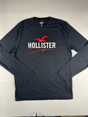 Hollister Men's Long Sleeve Logo Tee - Black with Red and White Branding